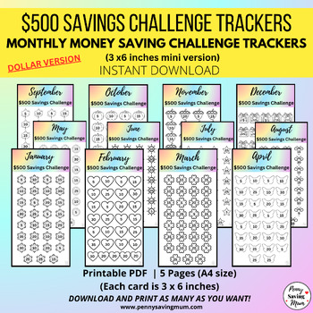 Preview of Money Saving Monthly Challenge Trackers, 500 Savings Printable, DOLLAR VERSION