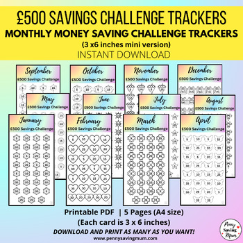 Preview of Money Saving Monthly Challenge Trackers, 500 Savings Printable, STERLING VERSION