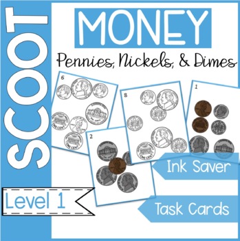 Preview of Counting Coins Task Cards | Level 1: Pennies, Nickels, & Dimes