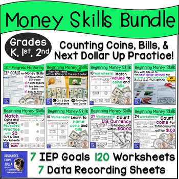 Preview of Money Skills Bundle with IEP Goals and Data Sheets for Grade 1 and Grade 2