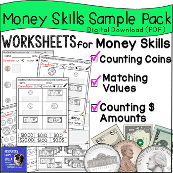 Preview of Money Skills Worksheets Counting Coins, Counting Dollars, Next Dollar Strategies