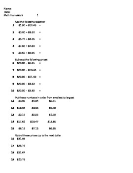 Preview of Money Skills - add, subtract, order, round