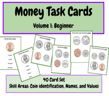 Preview of Money Task Cards Volume 1 Beginner: 40 Cards Featuring Coin ID, Name, & Value
