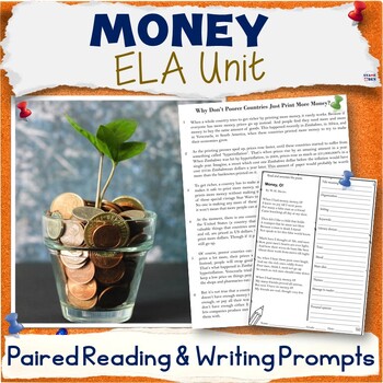 Preview of Money Unit - Middle School ELA Paired Reading Activities, Writing Prompts