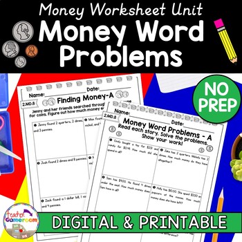 Preview of Money Word Problems - 2.MD.8 | Money Practice Worksheets | No Prep Printables