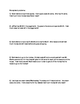 Preview of Money Word Problems Worksheet