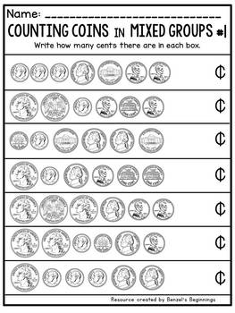 Money Worksheets Counting Coins in Mixed Groups by Benzel's Beginnings