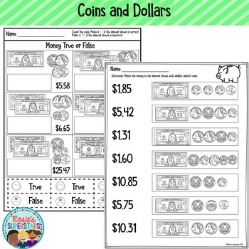 Money Worksheets ~ Counting U.S. Dollars and Coins by Rosie's Superstars