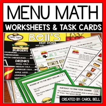 Preview of Money Worksheets and Task Card Bundle Menu Math