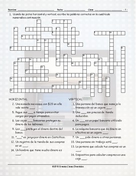 Money and Banking Spanish Crossword Puzzle TPT