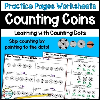 Preview of Coin Counting Practice Worksheets with Counting Dots for Money Skills