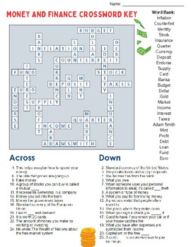 Money and Finance Crossword with Answer Key by Stokes Scholars TPT