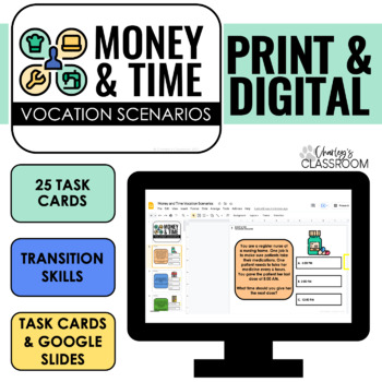 Preview of Money and Time Vocation Scenario Task Cards | Digital Included