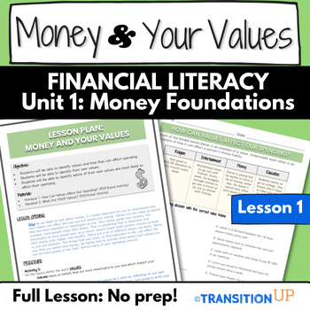 Preview of MONEY AND YOUR VALUES: Financial Literacy -Worksheets-Activities-No Prep