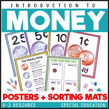 Preview of Money: posters, sorting mats, song, flashcards and manipulatives