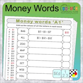 Preview of Money Words Alphabet Code (solve the code solve the sum distance learning)