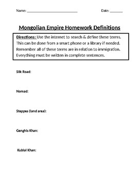 Preview of Mongol Empire Homework Definitions