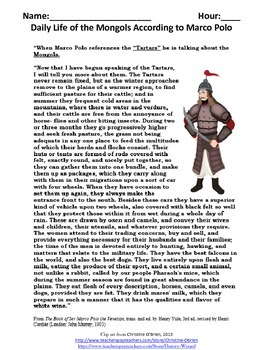 Preview of Mongol Empire Primary Source: Daily Life of the Mongols According to Marco Polo