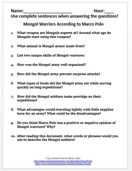 Mongol Empire Primary Source Worksheet: Mongol Warriors by History Wizard