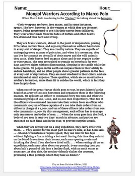 Mongol Empire Primary Source Worksheet: Mongol Warriors by History Wizard