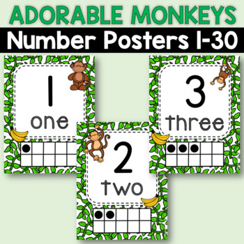 Preview of Classroom Decor Monkey Classroom Number Posters 1-30 Jungle