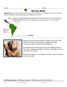 Preview of Monkey Math 3rd Grade Word Problems