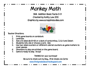 Monkey Math Addition Games by Kathy Law | Teachers Pay Teachers