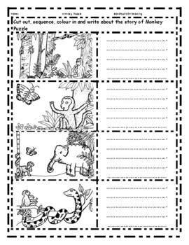 Monkey Puzzle: 12 picture Sequencing and writing printable retell story