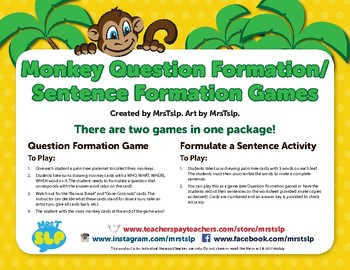 Preview of Asking Questions/Sentence Formation Games for Speech Therapy (Monkey Themed)