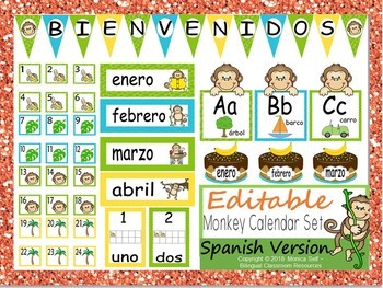 Preview of Monkey Themed Calendar Set and Classroom Decorations {Spanish Version} EDITABLE!