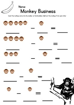 Preview of Monkey subtraction/Five Little Monkeys Jumping On The Bed Math/Math Worksheet