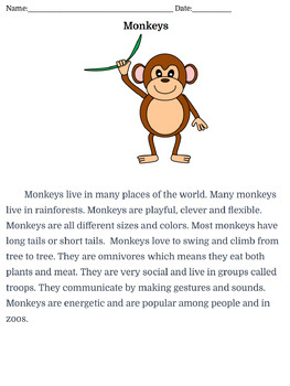 Preview of Monkeys ~ Short Passage and Questions for Small Group Instruction