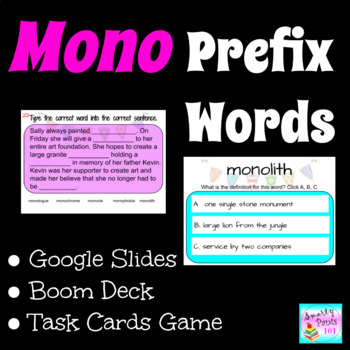 Preview of Mono Prefix Words: Google Slides, BOOM Deck, & Task Cards