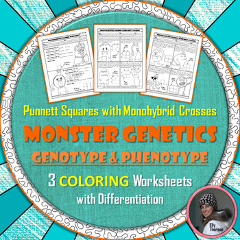 Preview of Monohybrid Cross Punnett Square Genetics Coloring Worksheet Set with Monsters