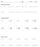 Monomials Homework (multiply, divide, powers) Common Core Math