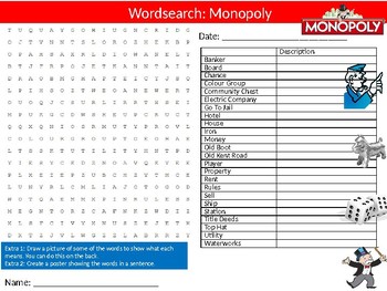 Monopoly Board Game Wordsearch Puzzle Sheet Keywords by MIK Education