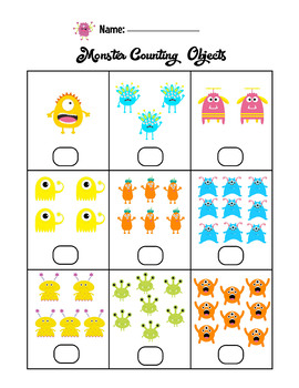 monster counting objects 1 10 worksheets math counting objects to 10