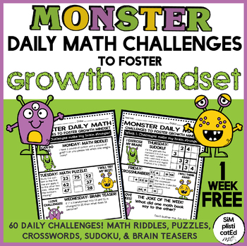 Preview of Monster Daily Math Challenges to Foster Growth Mindset - 1 Week Free Fun!