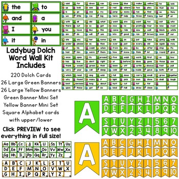 Robots Dolch Word Wall Kit - 220 Cards, Labels, & Banners - Green and Blue