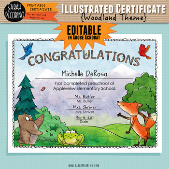 Preview of Illustrated Certificate: Woodland Theme EDITABLE