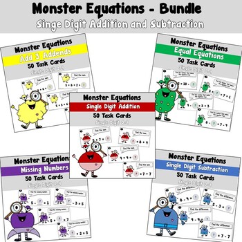 Preview of Monster Equations using Addition and Subtraction with Single Digits Bundled