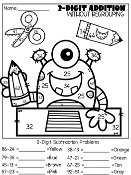 Monster Math 2-Digit Regrouping Addition & Subtraction Color By Code