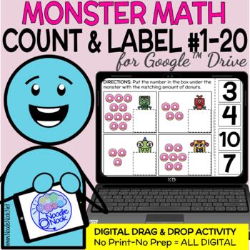 Preview of Monster Math Digital Drag and Drop Activity- Counting and Labeling Items to 20