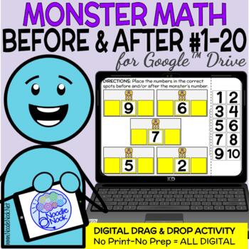 Preview of Monster Math Digital Drag and Drop Activity for Sequencing Numbers from 1-20