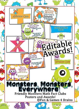 Preview of Monster Math Fact Clubs Posters and Award Certificates