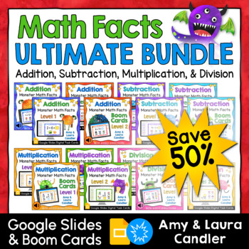 Preview of Monster Math Facts Boom Cards and Google Slides Ultimate Bundle (Save 50%)