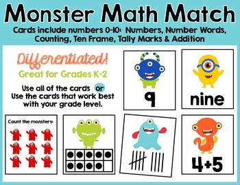 Preview of Monster Math Match - Counting, Number Words, Ten Frames, Tally Marks & Addition