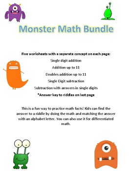 Preview of Monster Math Single Digit Addition and Subtraction