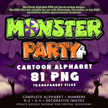Preview of Monster Party Cartoon Graffiti Alphabet Font, 81 PNG Transparent Files