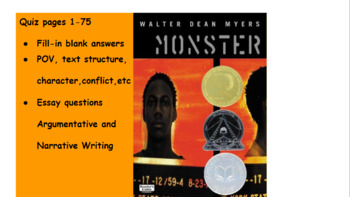 Preview of Monster Quiz 1 pp1-75. Fill-in and essay/constructed response questions.